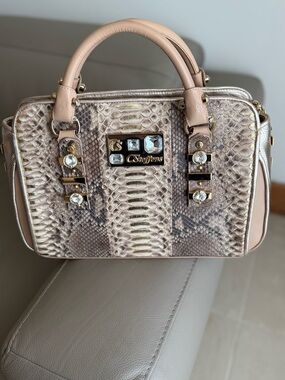 Carmen Steffens Neutral Snakeskin-Print Satchel with Crystal Accents